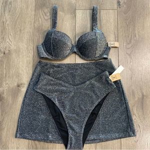 Three Piece Victoria’s Secret Black Shimmer Skirt High Waist Push Up Bikini M
